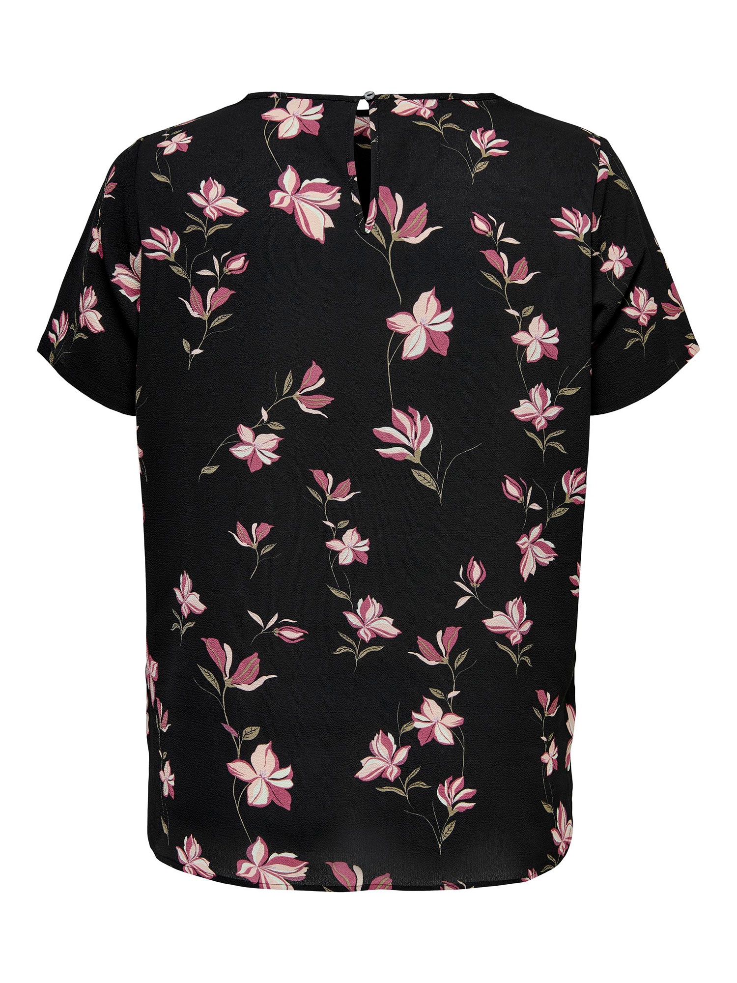  Car VICA - Svart kortermet bluse med rosa magnolia blomster fra Only Carmakoma