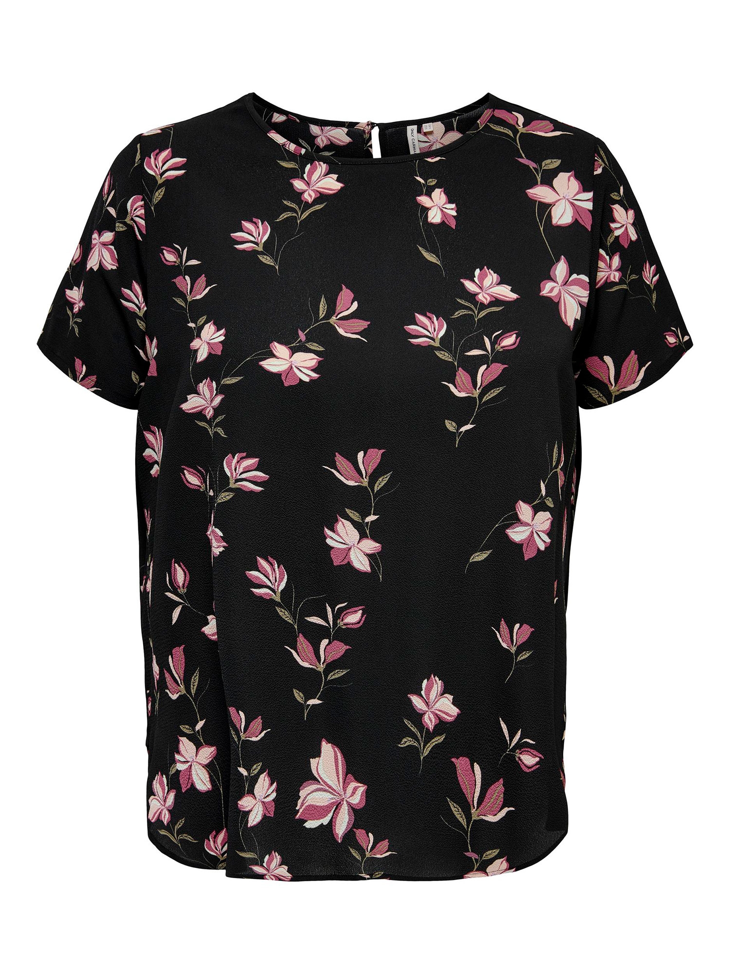  Car VICA - Svart kortermet bluse med rosa magnolia blomster fra Only Carmakoma