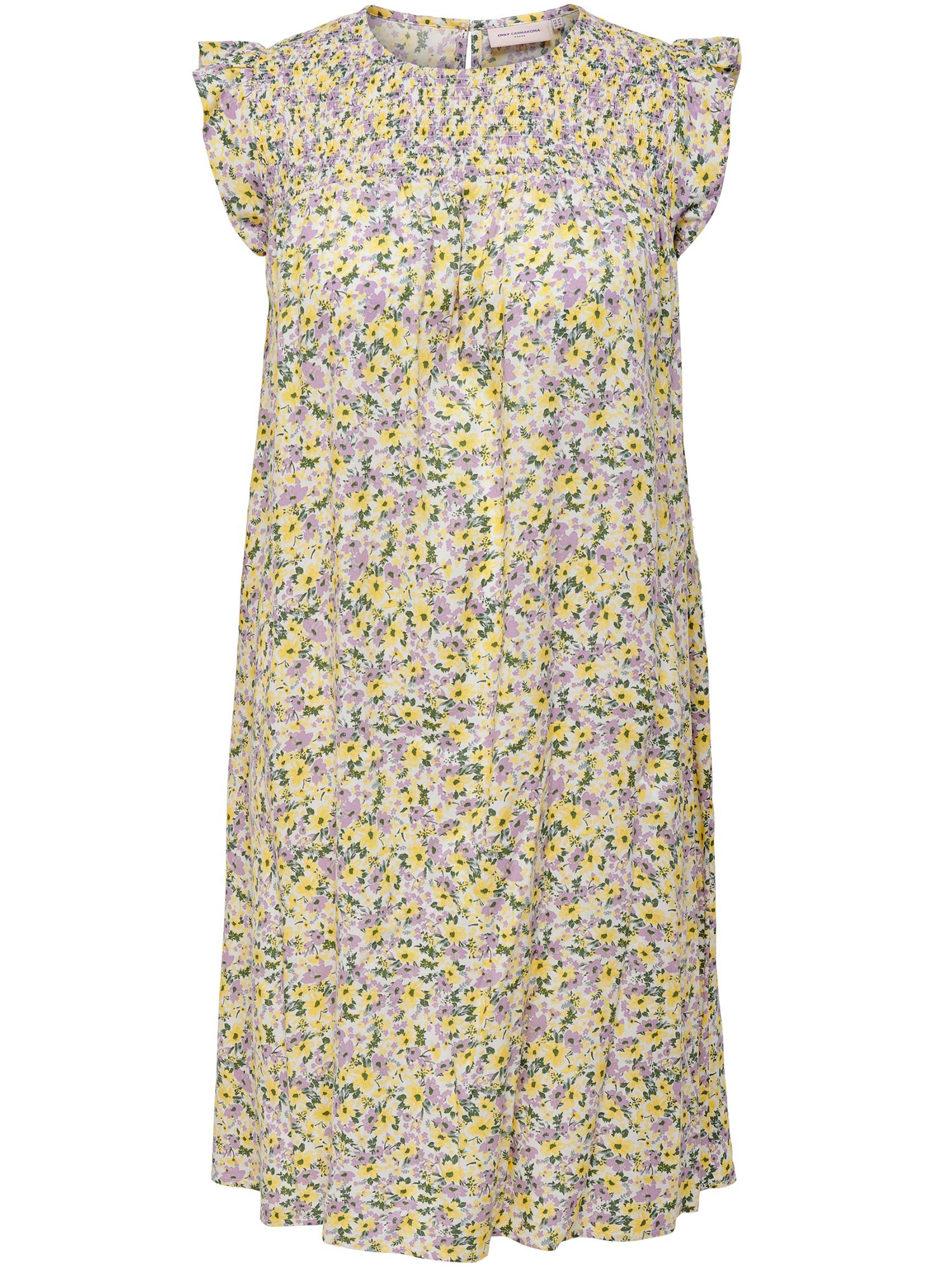 Carsino - Råhvit kjole med flotte gule og lilla blomster fra Only Carmakoma