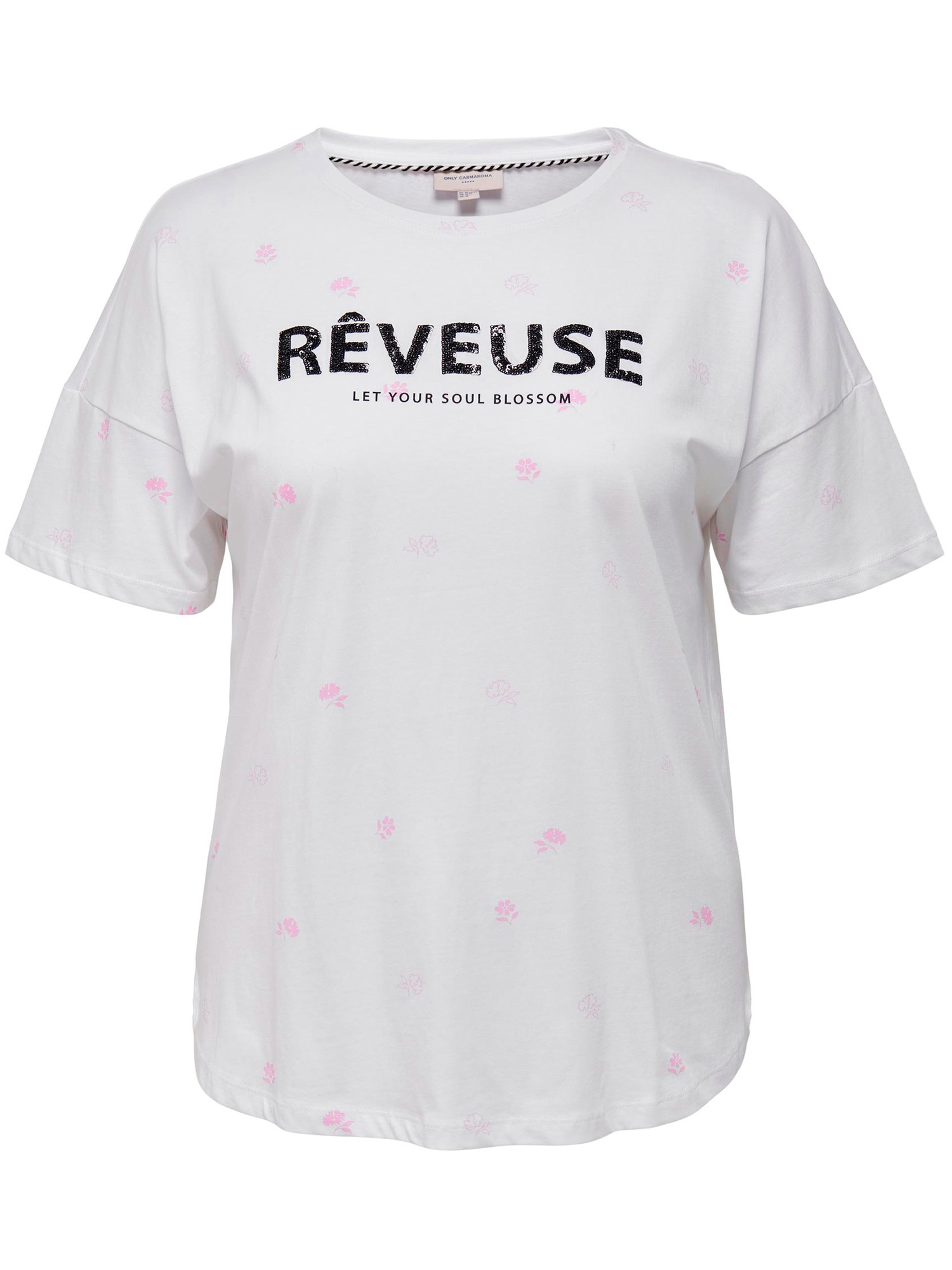 Carreese - Hvit t-skjorte med rosa blomster og sorte paljetter  fra Only Carmakoma