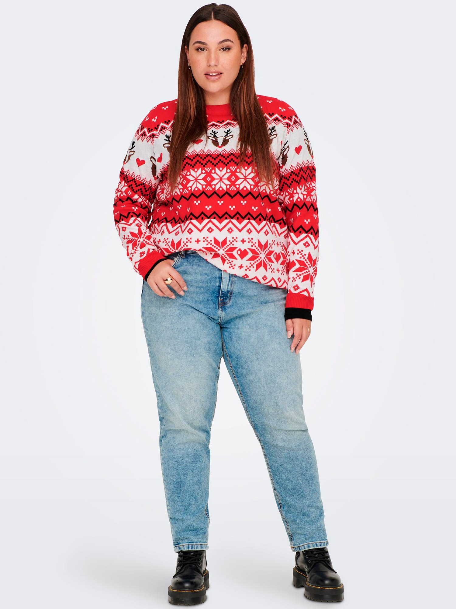 Car XMAS - Rød strikket genser med jule motiver fra Only Carmakoma