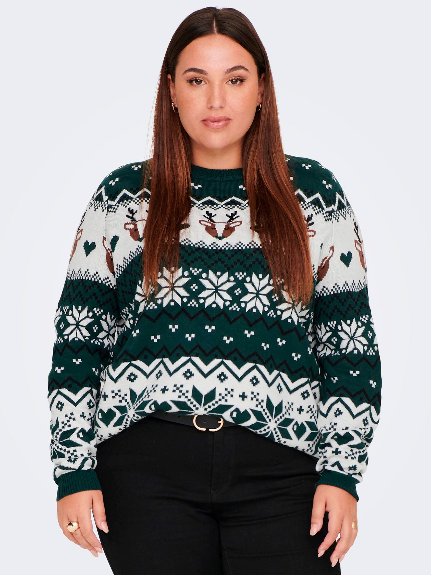 Car XMAS - Grønn strikket genser med jule motiver fra Only Carmakoma