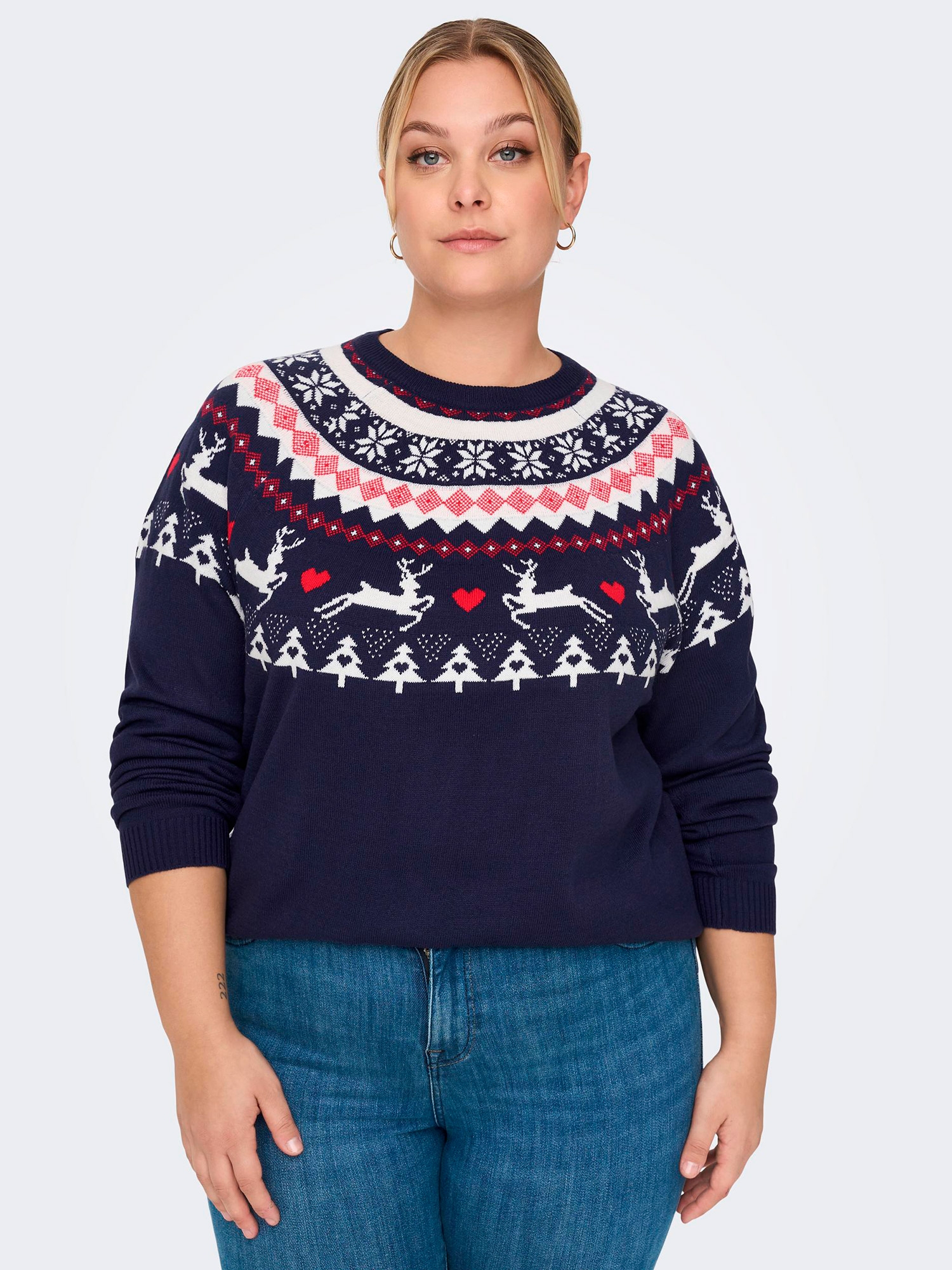 Car SNOW - blå strikket genser med fint jule mønster fra Only Carmakoma