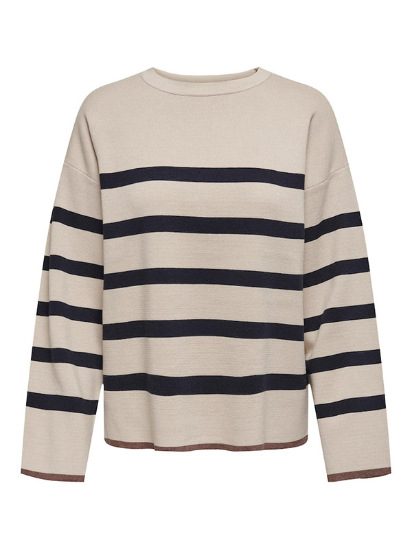 ALBERTE - Beige strikk genser med striper fra Only Carmakoma