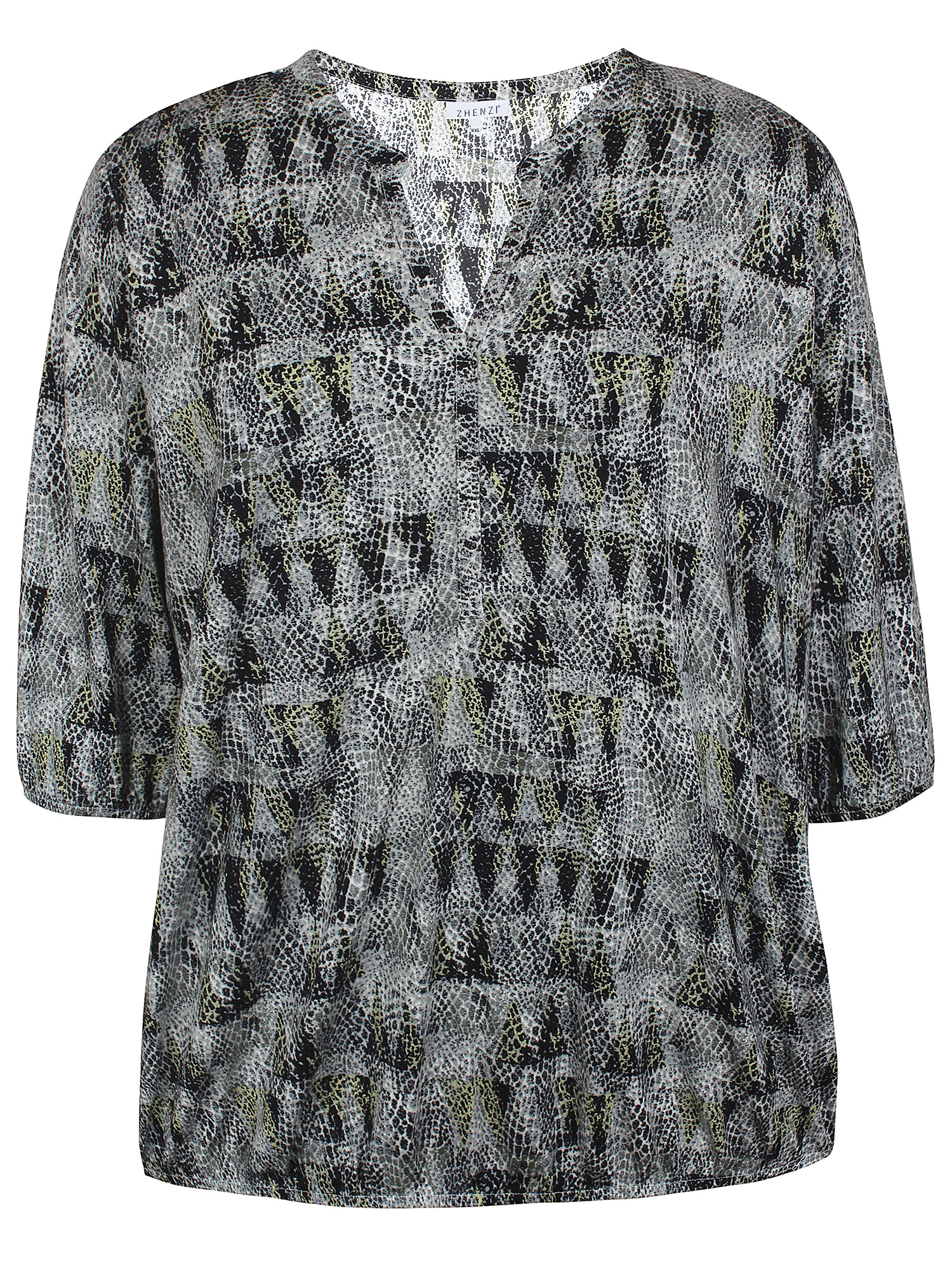 Bluse i viskosejersey med grått, svart og grønt print fra Zhenzi