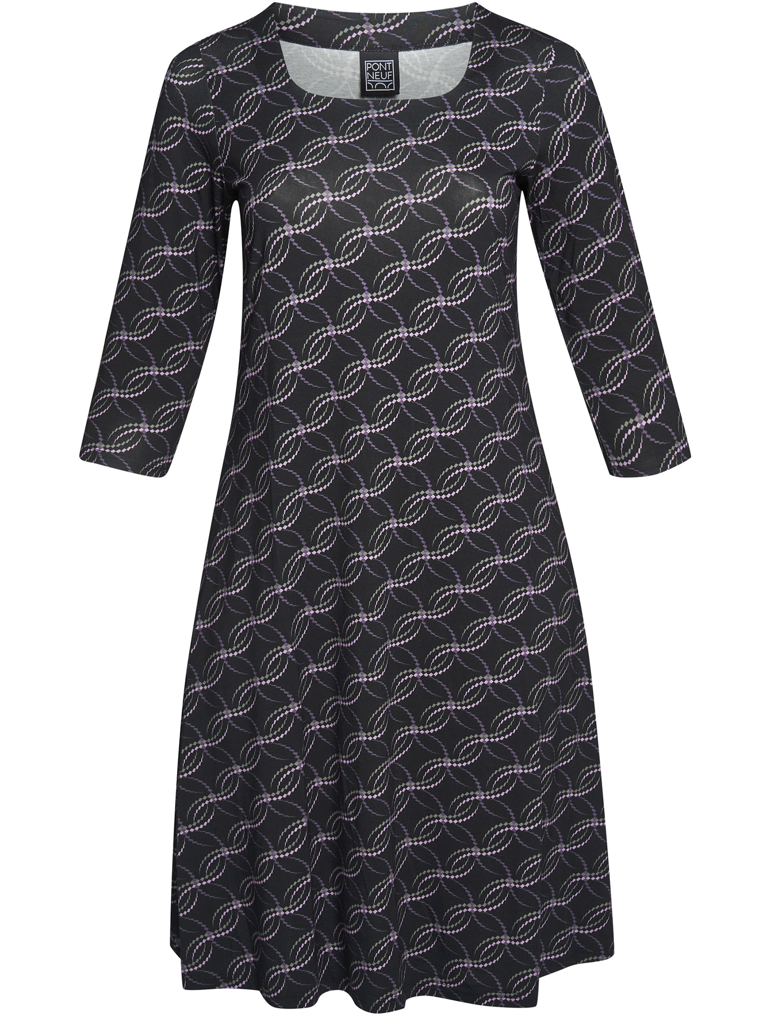 Meranda - svart kjole i viskosejersey med lilla og grønt mønster fra Pont Neuf
