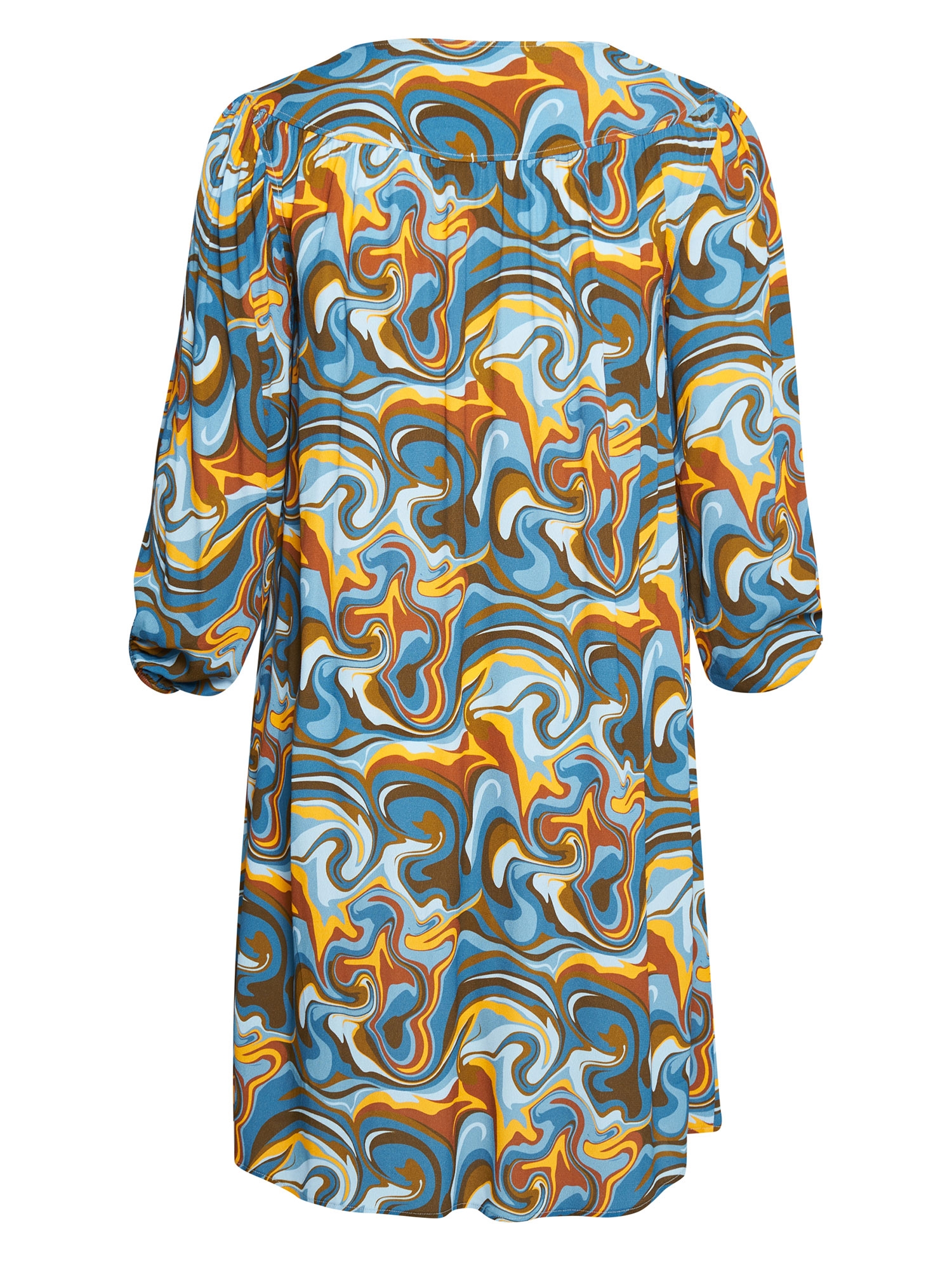 MARTA - skjortekjole med retro print i blå og gyldne toner  fra Adia