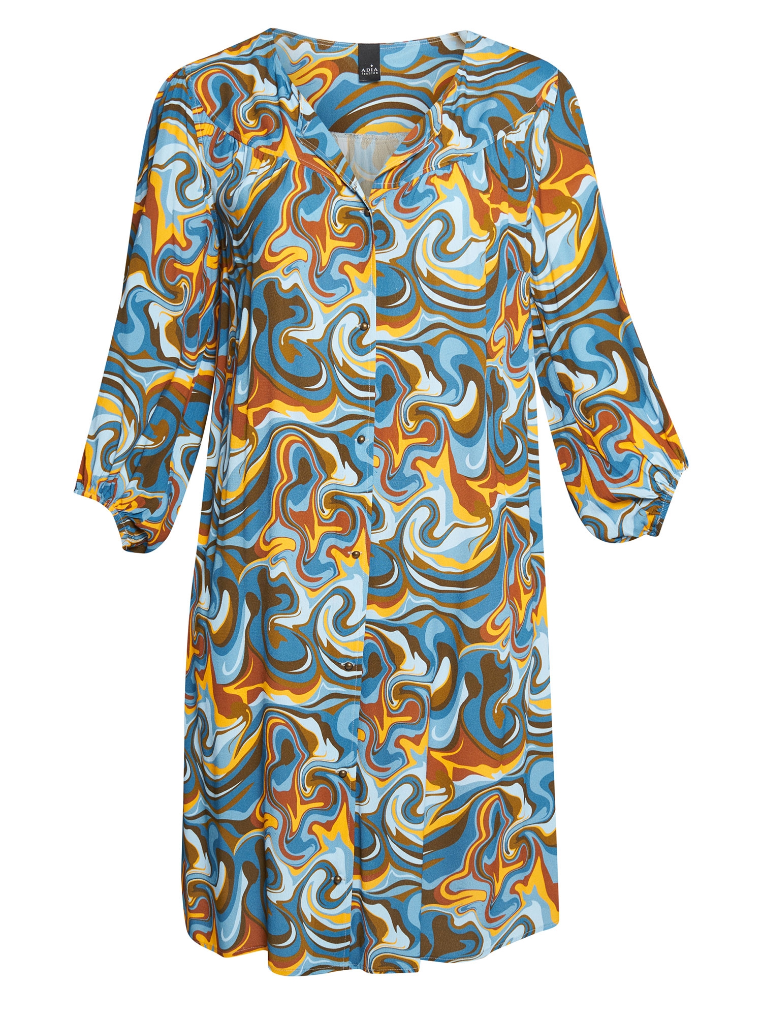 MARTA - skjortekjole med retro print i blå og gyldne toner  fra Adia