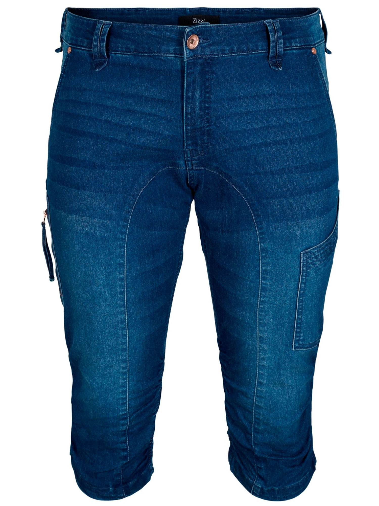 Mørk denim capri med glidelås- og rynkedetalje fra Zizzi