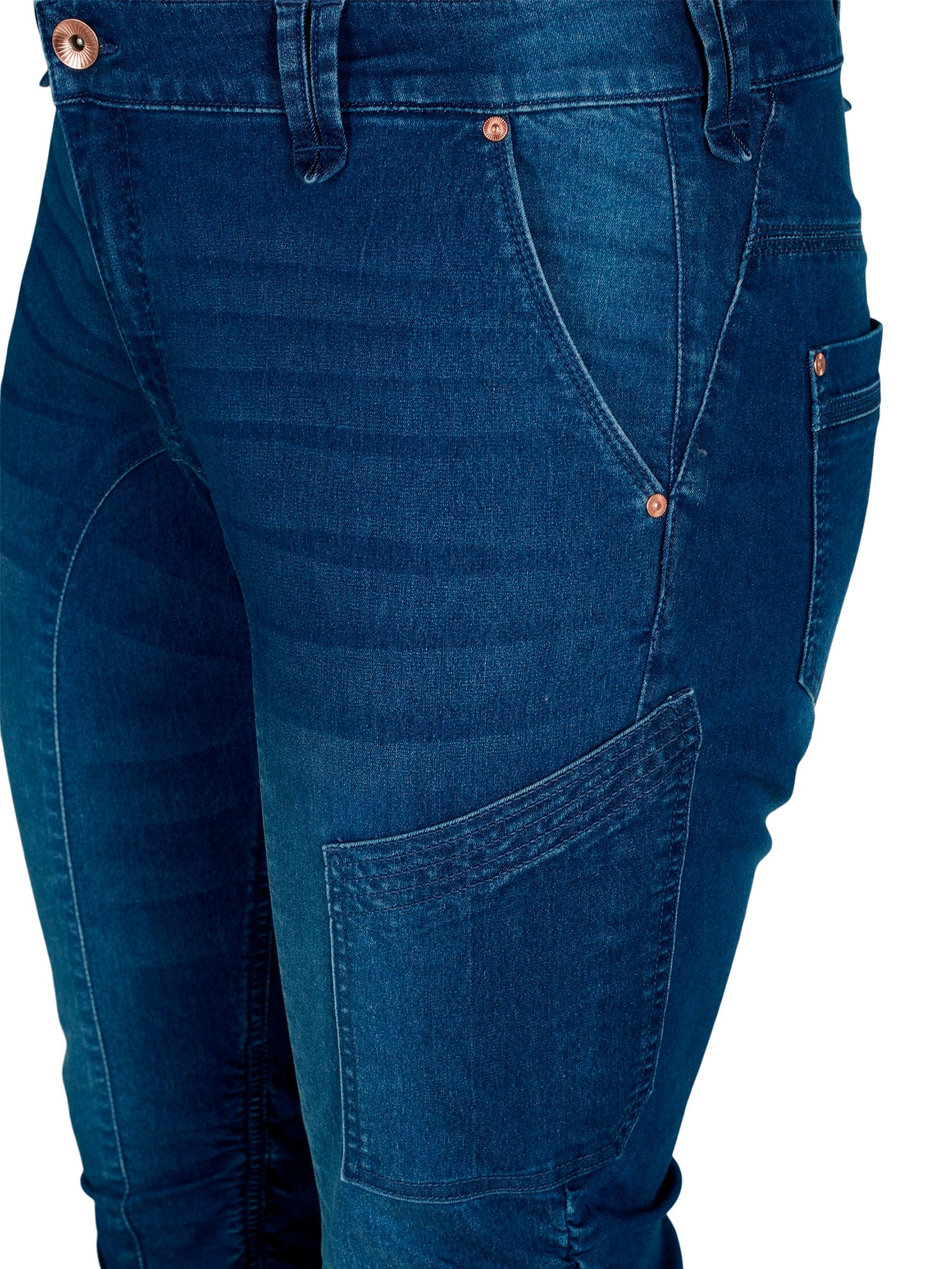 Mørk denim capri med glidelås- og rynkedetalje fra Zizzi