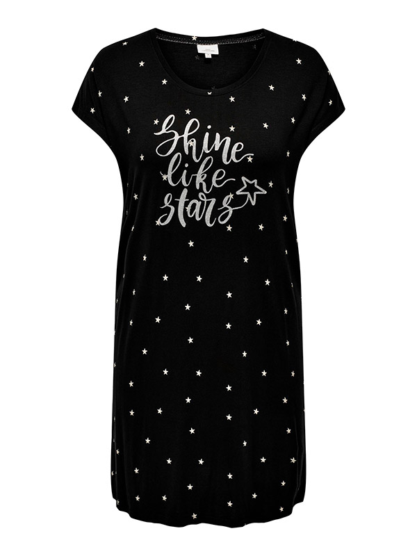 VIVID - Svart nattkjole med stjerner og glitterprint fra Only Carmakoma