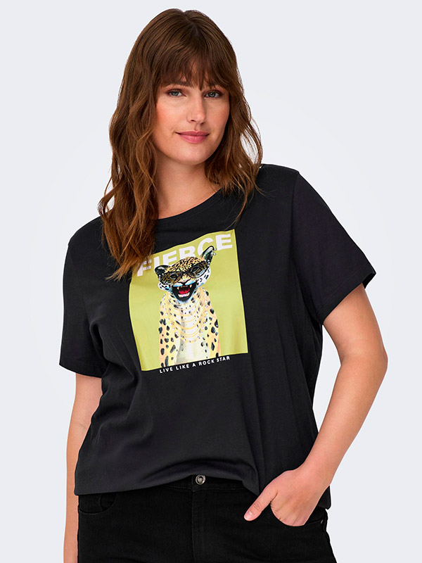 NEWBELLANA - Mørke grå T-skjorte med leopardprint fra Only Carmakoma
