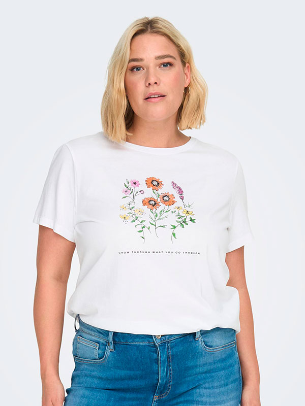 EDLA - Hvit bomulls t-skjorte med blomster fra Only Carmakoma