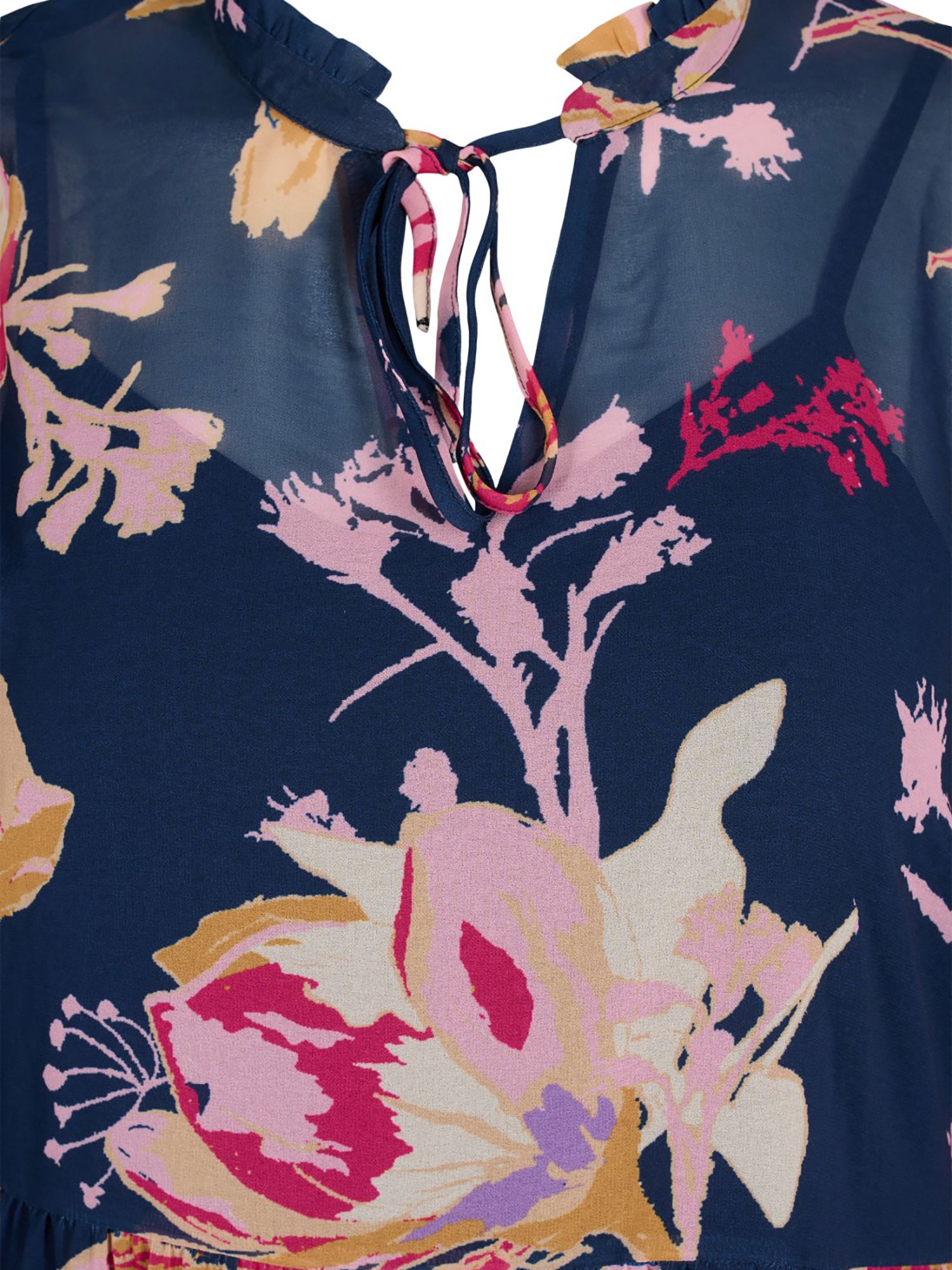 Blå chiffong kjole med blomster og underkjole  fra Zizzi