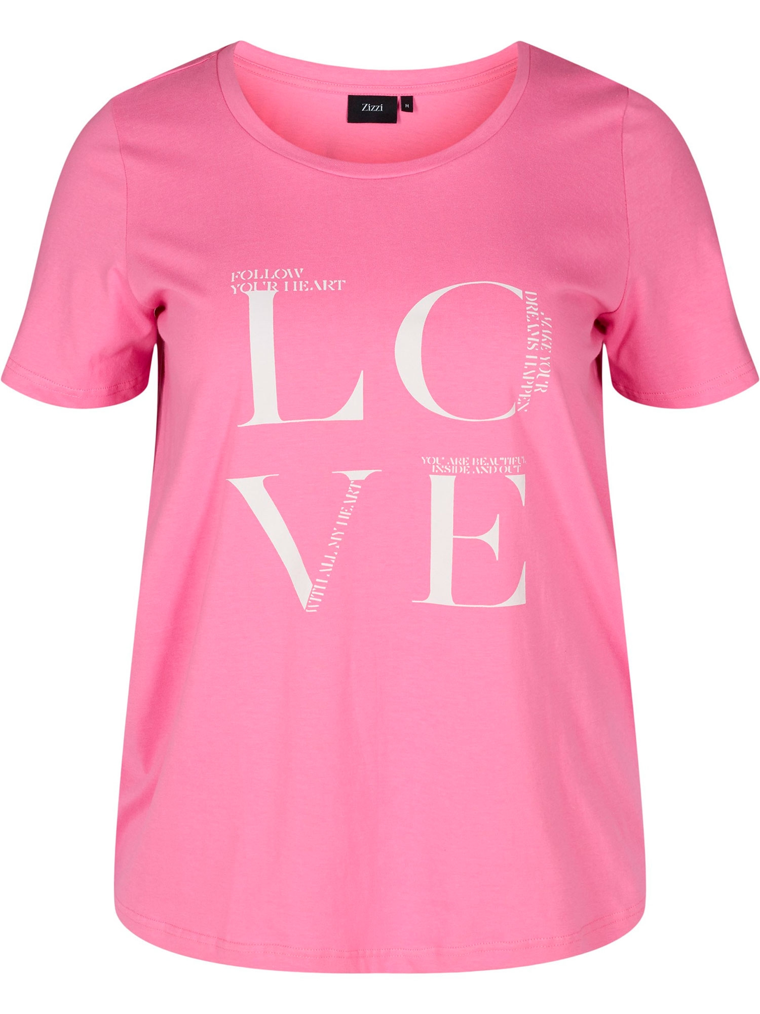 Rosa T-skjorte i A-fasong med 'LOVE' print fra Zizzi
