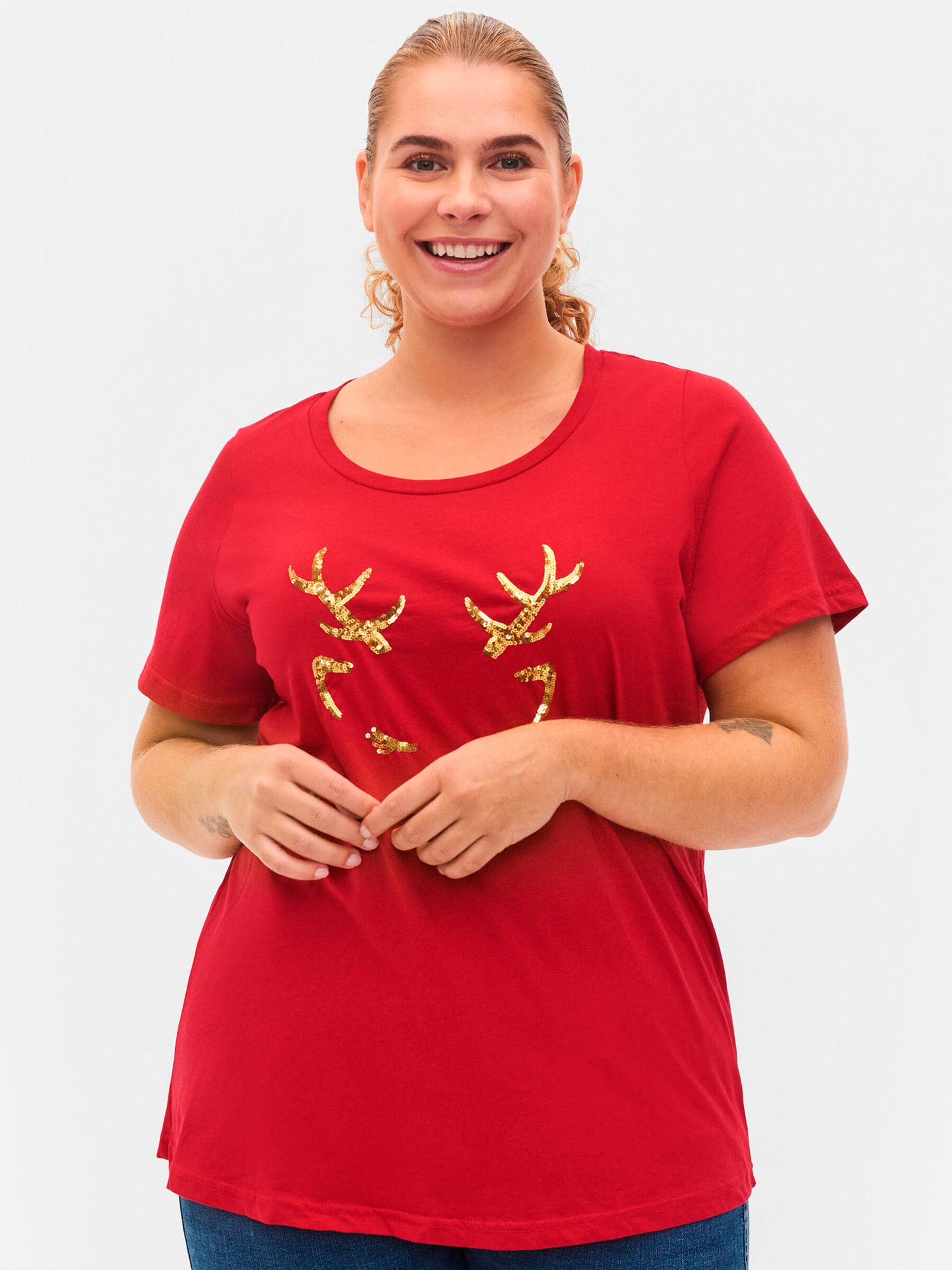 Rød bomulss t-skjorte med jule motiv i paljetter fra Zizzi
