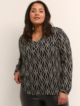 Kaffe Curve KC ROYA AMI - Svart bluse i crepeviskose med flott hvitt mønster