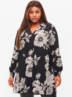 Zizzi Svart viskose tunika med store hvite blomster