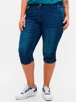 Zizzi Mørk denim capri med glidelås- og rynkedetalje